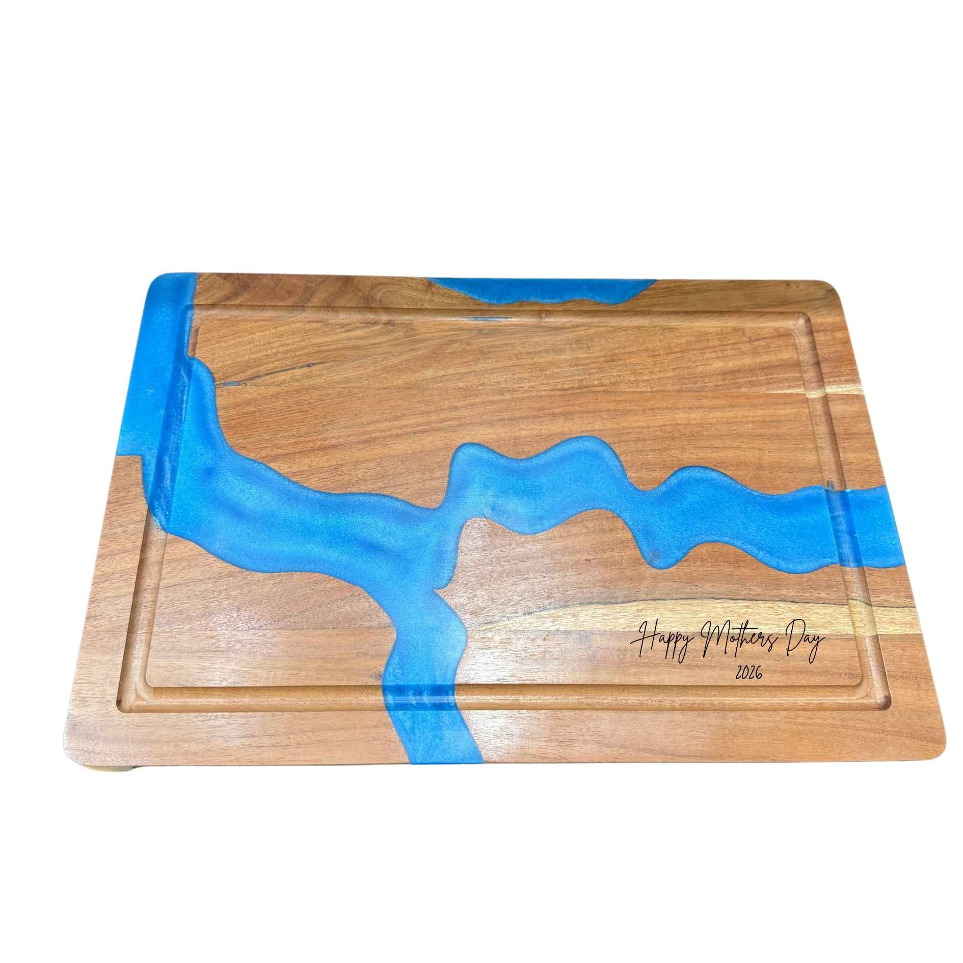 Wooden cutting board with blue resin design and 'Happy Mother's Day' text on a white background
