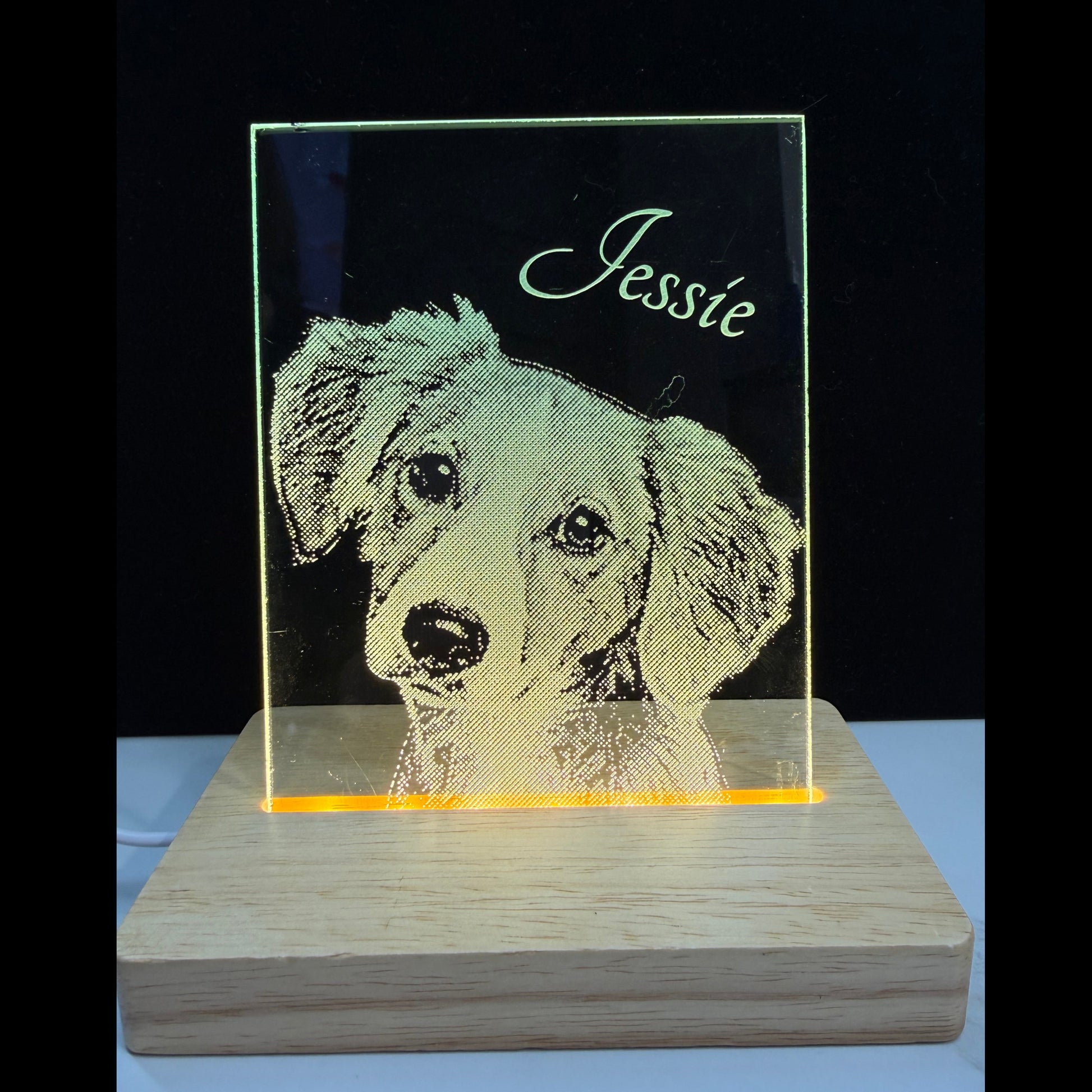photo with engraved dog's face and name 'Jessie' engraved on glass on a wooden stand