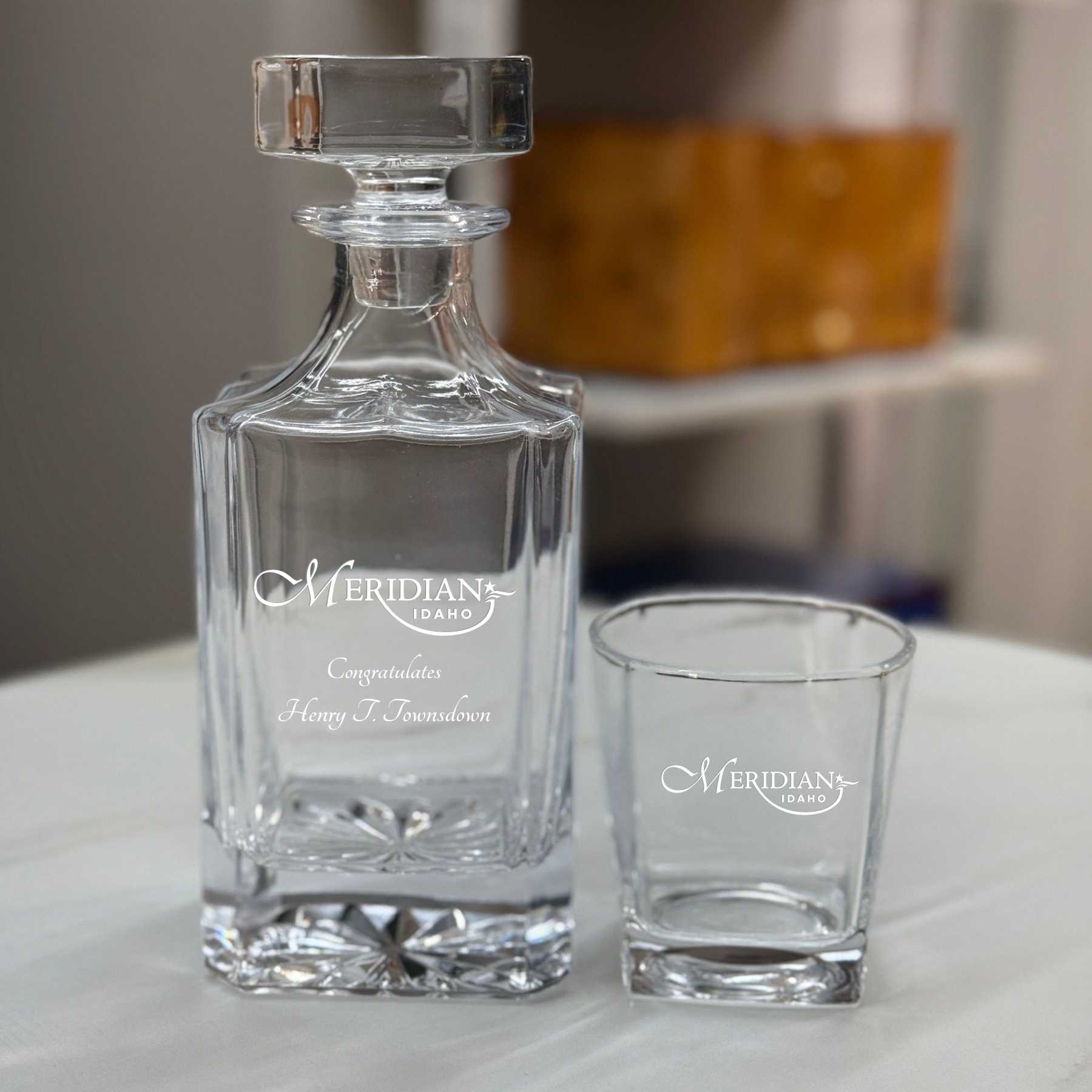 Close up with decanter and glasses engraved
