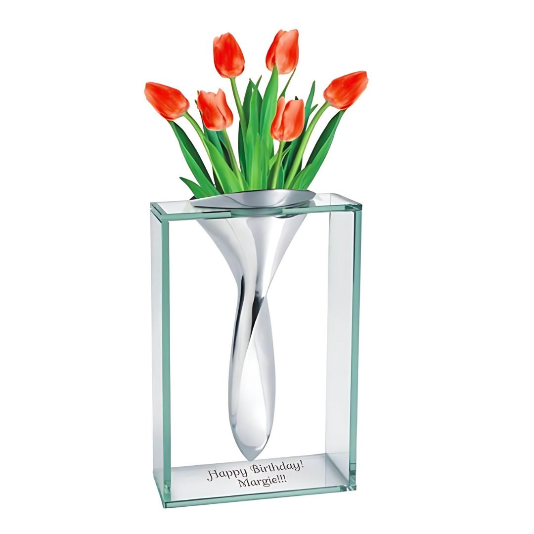 Engraved Contemporary Chrome and Glass Vase  ~ Twist - Personalized Engraved Gifts