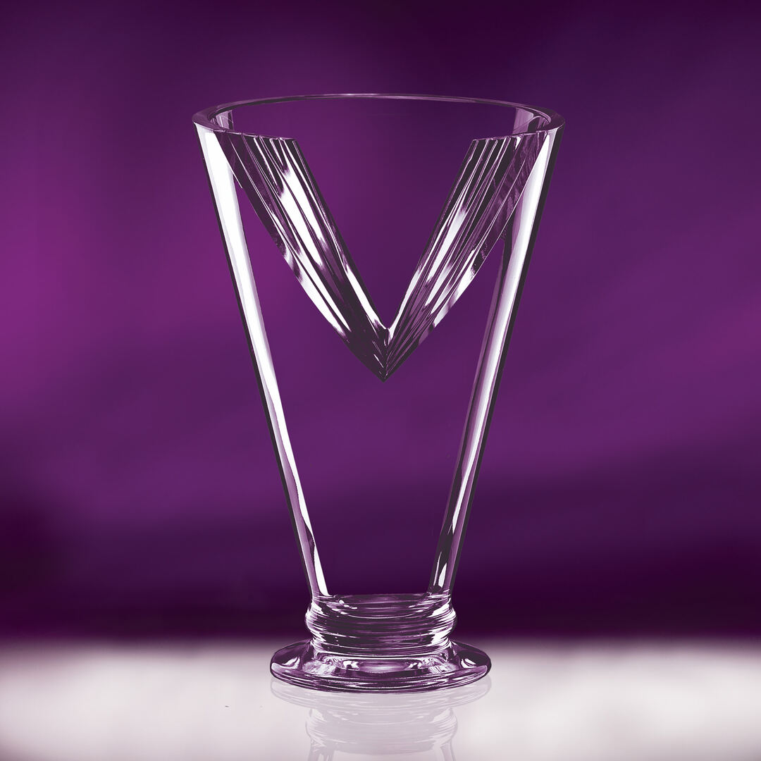 Unique Crystal Trophy Vase with Mitered Cut ~ Deep V - Personalized Engraved Gifts