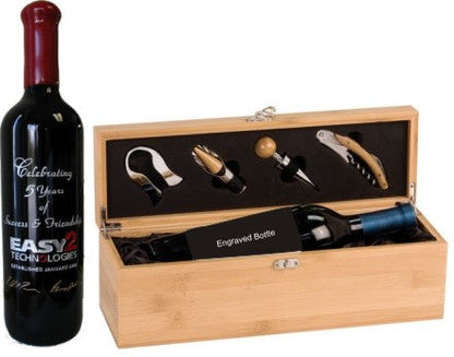 Laser Engraved Bamboo Wine Gift Set With Engraved Wine Bottle - Personalized Engraved Gifts