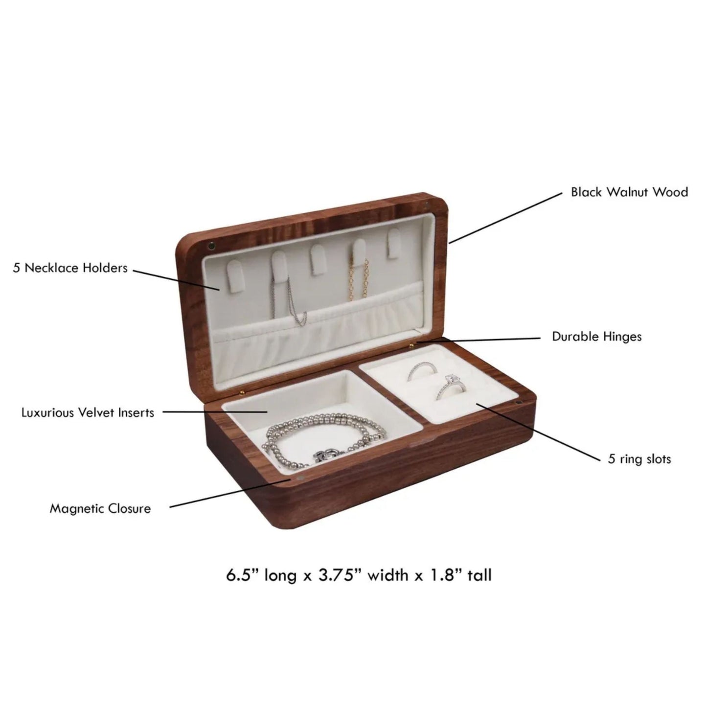 Wooden jewelry box with features labeled on a white background