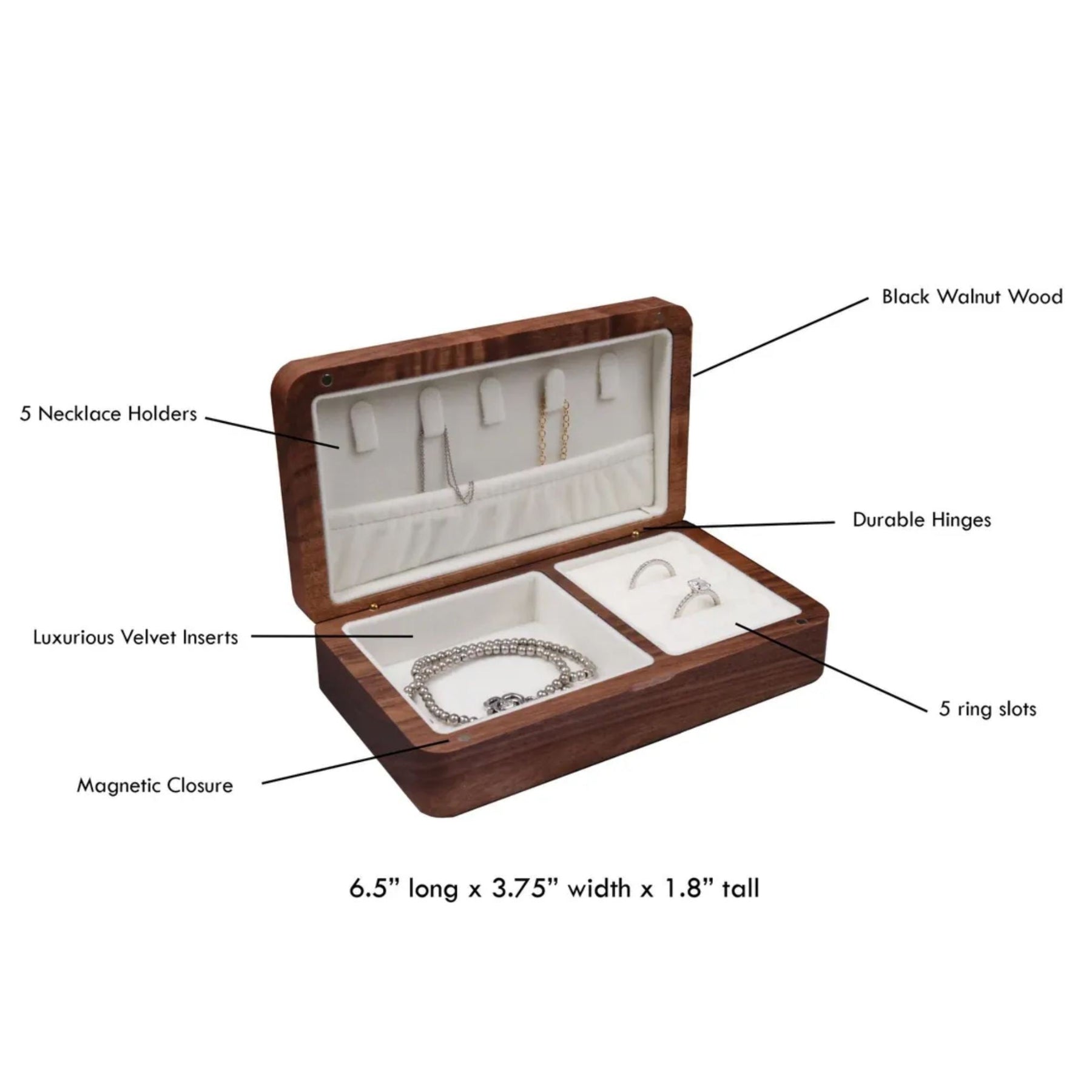 Wooden jewelry box with features labeled on a white background
