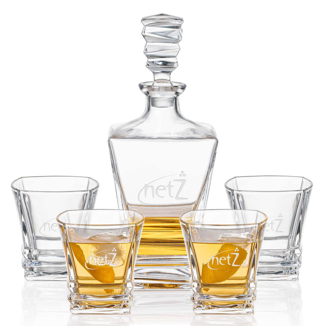 Show-stopping Crystal Decanter with 4 Glasses ~ Zig Zag - Personalized Engraved Gifts